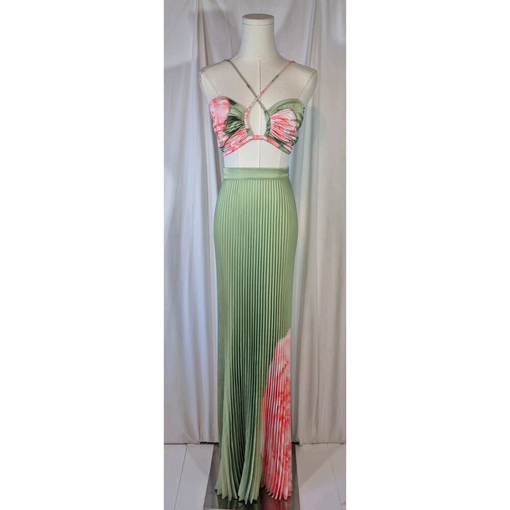L'IDEE Woman Jardin Fluer Rose Green Pink Top Maxi Skirt Set US 2 - Picture 3 of 16